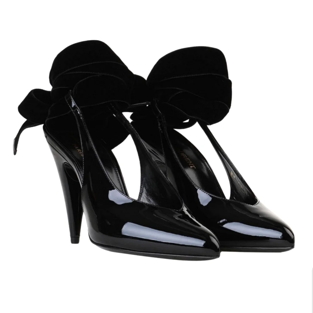 Saint Laurent Patent Leather Slingback Pointed Toe Lace Up Pumps Size 38… - Picture 2 of 12